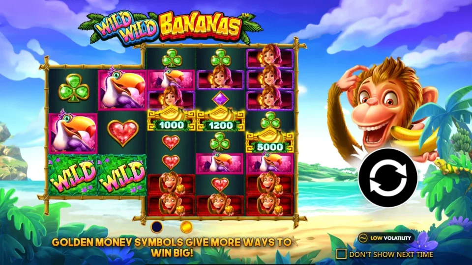 Wild Wild Bananas: Intro illustration of golden bananas enlarging the last three reels.