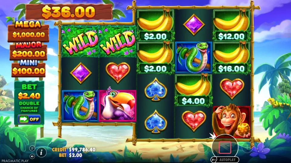 Wild Wild Bananas: Media round 205 returned USD 36.64. The collection display shows USD 36 from bananas; symbol awards contribute the remaining USD 0.64.