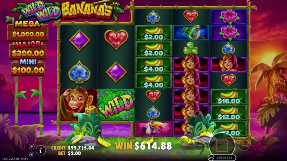 Wild Wild Bananas: Each bonus reel has reached eight symbols; the completed WIN total is shown before balance crediting.