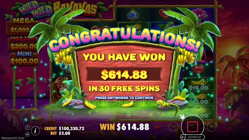 Wild Wild Bananas: Natural bonus result: USD 614.88 for the complete round, including USD 612.96 from 30 free spins and USD 1.92 on entry.
