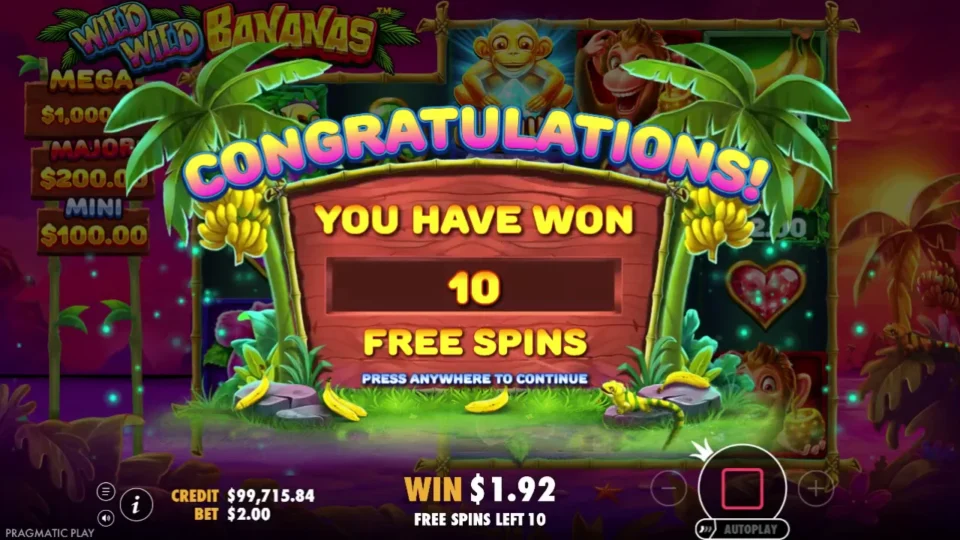 Wild Wild Bananas: Natural entry on media round 268 initially awards ten free spins.