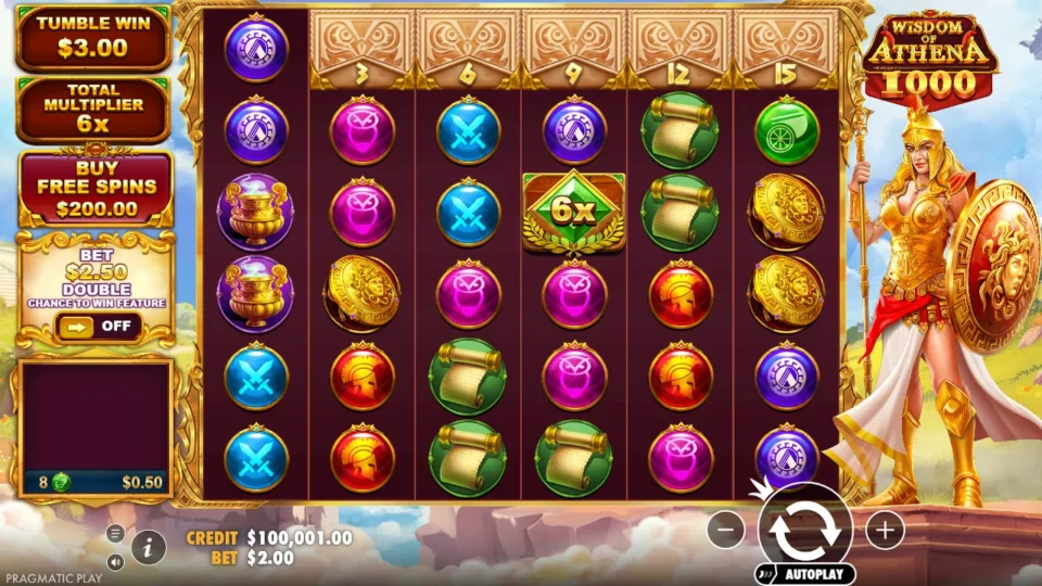 Wisdom of Athena 1000: A 6x gem lifts the tumble payout to USD 3