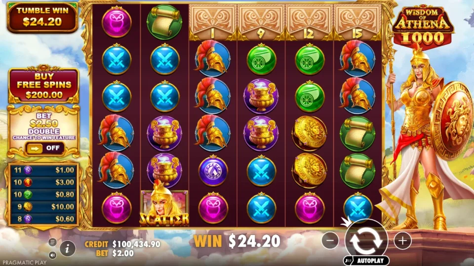 Wisdom of Athena 1000: Nine gold coins contribute USD 10 to the USD 24.20 win