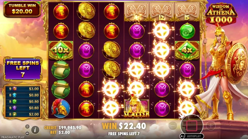 Wisdom of Athena 1000: The free spins board holds 10x and 4x gems during a tumble