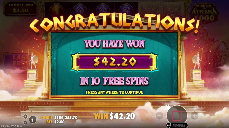 Wisdom of Athena 1000: The purchased bonus result settles at USD 42.20