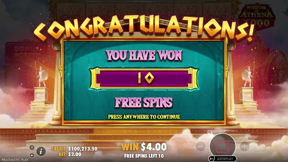 Wisdom of Athena 1000: Purchased entry starts the counter at 10 free spins