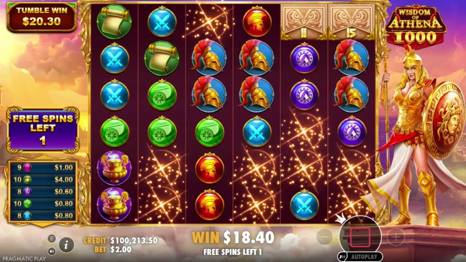Wisdom of Athena 1000: Four upper cells are open with no multiplier on the purchased bonus board
