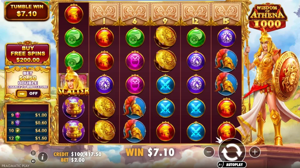 Wisdom of Athena 1000: Ten scrolls pay USD 4 while the rightmost upper cells stay locked
