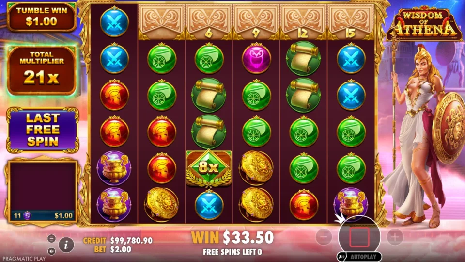 Wisdom of Athena: free spins result: 34.5 (bonus buy)