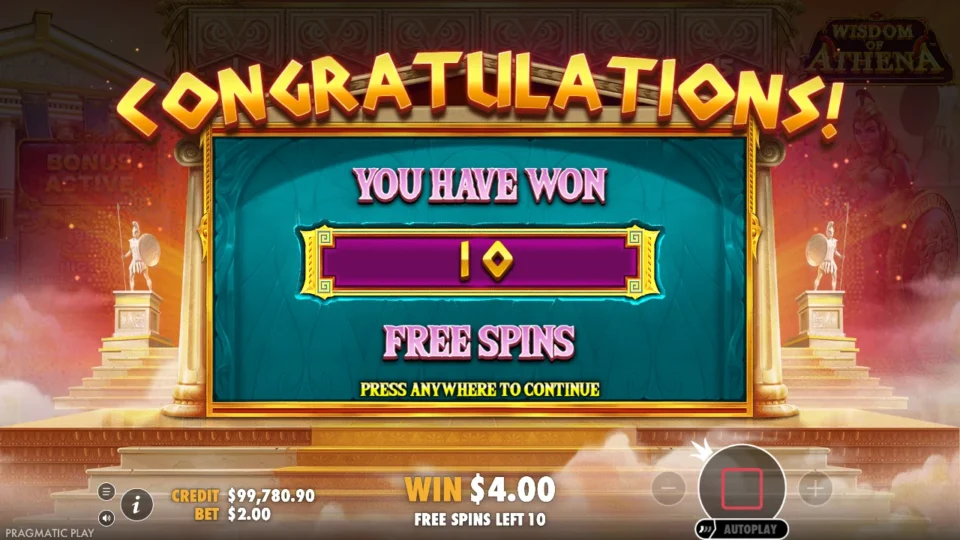 Wisdom of Athena: free spins triggered (bonus buy) on round 1001