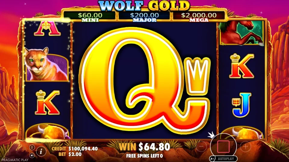 Wolf Gold: free spins result: 64.8 (natural trigger)