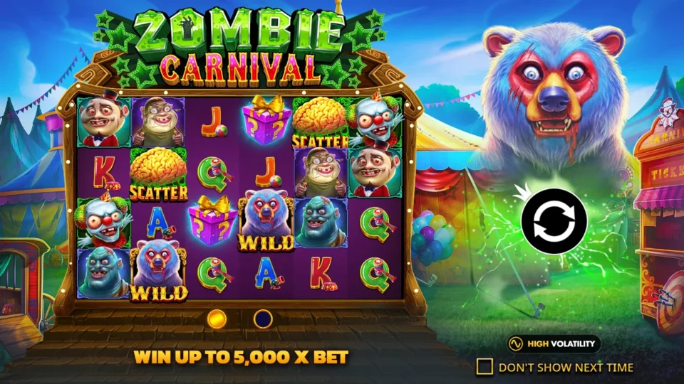 Zombie Carnival: Second intro slide: win up to 5,000x bet on the same carnival reels