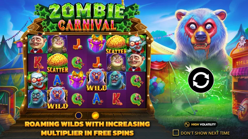 Zombie Carnival: Intro slide: roaming Wilds with increasing multiplier in free spins, two bear Wilds and two brain Scatters on the 6x4 reels, high volatility badge