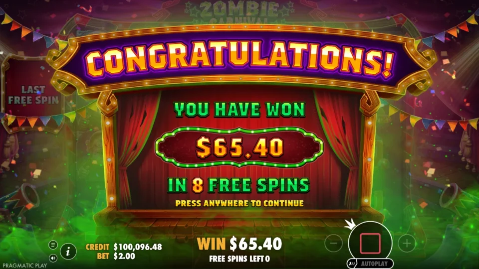Zombie Carnival: Result of the purchased free spins: USD 65.40 in 8 free spins on the USD 160 ticket
