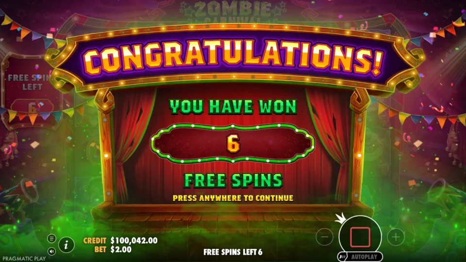 Zombie Carnival: Purchased feature opens with 6 free spins, credit USD 100,042.00 after the USD 160 ticket