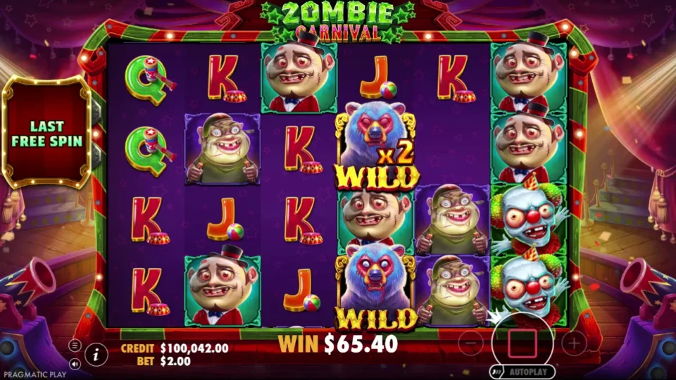 Zombie Carnival: Last spin of the bought feature: a x2 bear Wild and a plain Wild on reel four, USD 65.40 on the counter