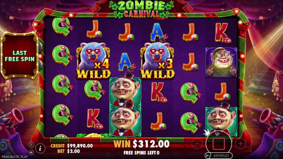 Zombie Carnival: Last free spin of the natural feature: x4 and x3 bear Wilds on reels two and four lift the counter to USD 312.00