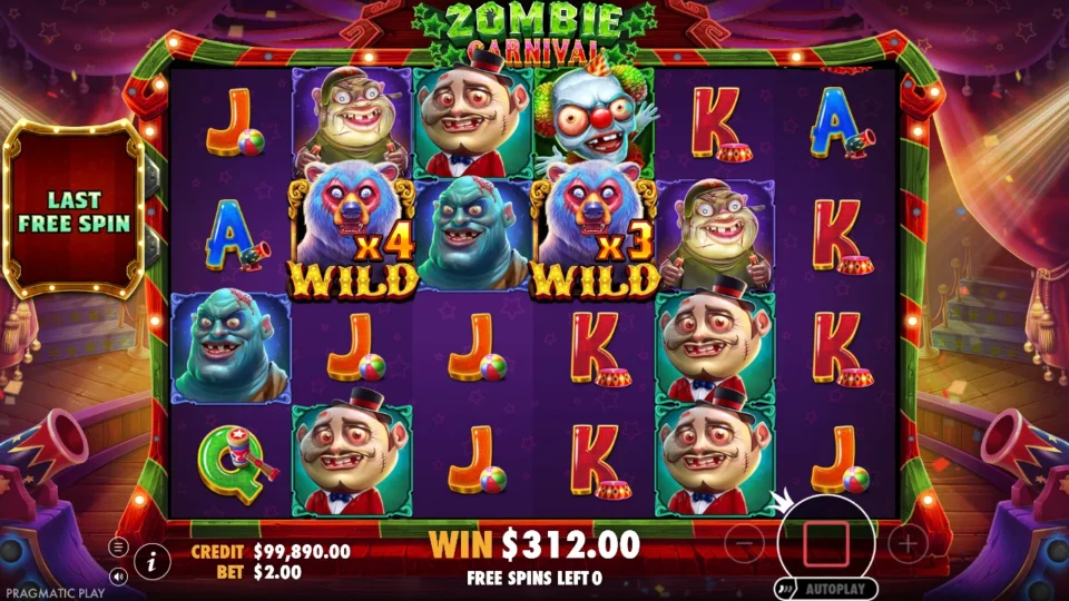 Zombie Carnival: Result of the natural feature: USD 349.20 in 11 free spins, five of them added by Scatters