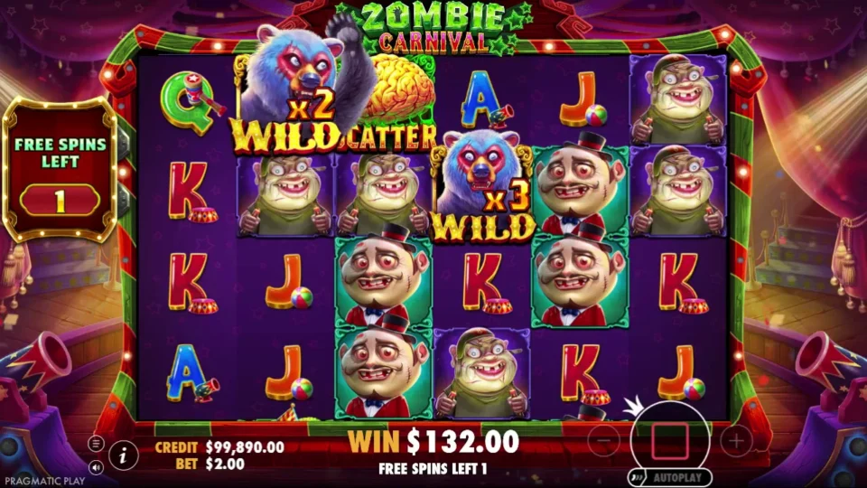 Zombie Carnival: One spin left in the natural feature: a x2 bear Wild sits beside a fresh brain Scatter with a x3 Wild below, USD 132.00 collected