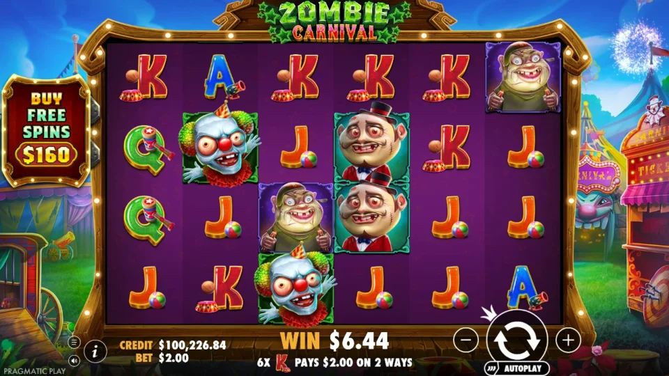 Zombie Carnival: USD 7.60 from one ordinary spin: six Kings on two ways worth USD 2.00 plus ringmasters and a clown on the first reels