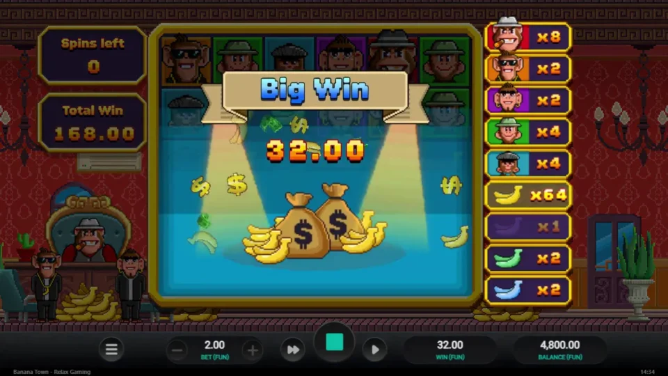 Banana Town: The last free spin adds FUN 32, bringing the bonus total to FUN 168