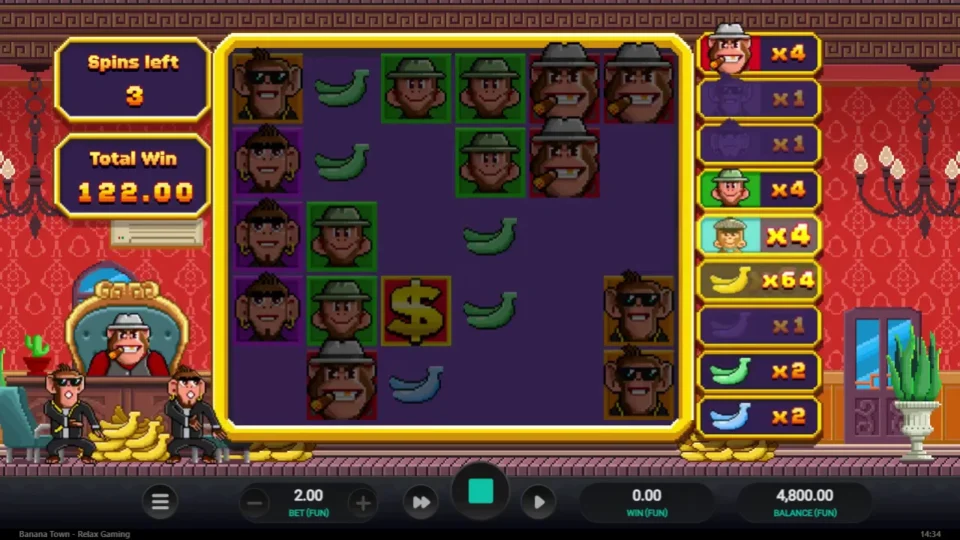 Banana Town: Yellow bananas have reached 64x with three spins left and FUN 122 accumulated