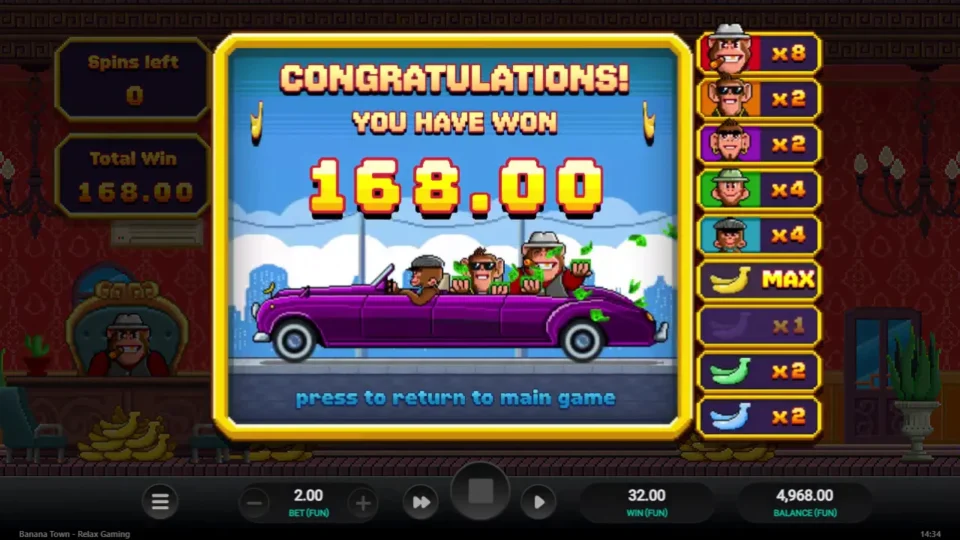 Banana Town: The FUN 168 result leaves the balance at FUN 4,968 after a FUN 200 purchase
