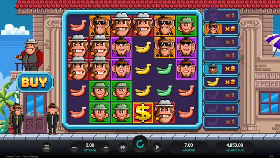 Banana Town: FUN 7 is credited while the sunglasses monkey and yellow banana counters show 2x