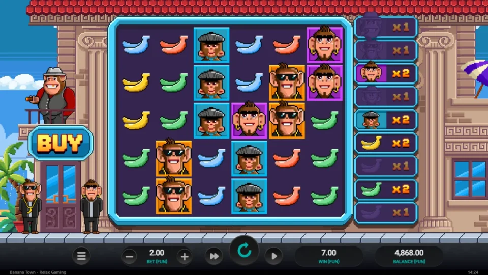 Banana Town: Four separate symbol counters show 2x after FUN 7 is credited