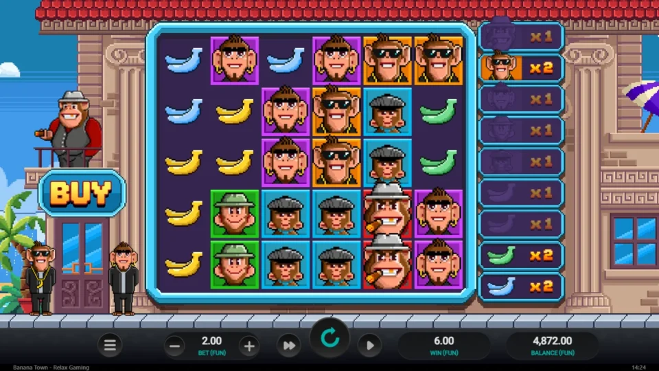 Banana Town: A FUN 6 payout leaves the sunglasses monkey, green banana and blue banana at 2x
