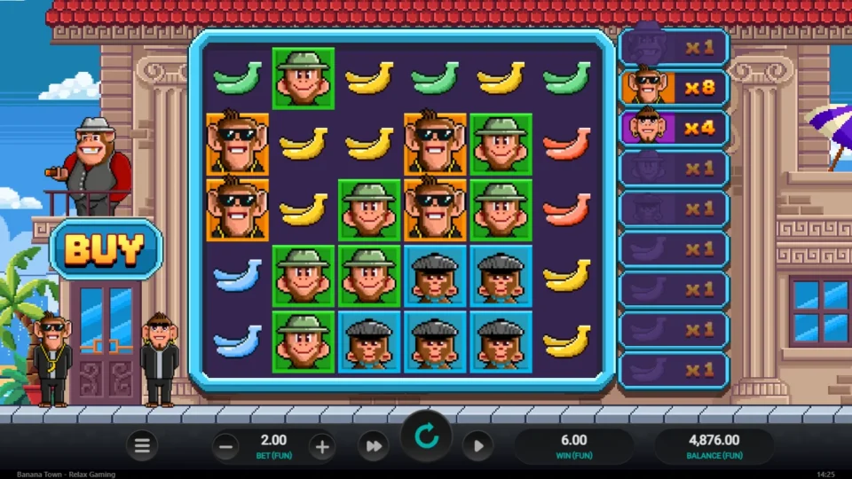 Banana Town: Sunglasses and hoop-earring monkeys finish at 8x and 4x beside a FUN 6 win