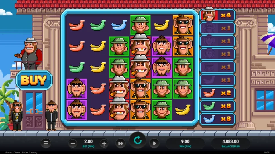 Banana Town: Green and blue banana counters both display 8x after a FUN 9 round
