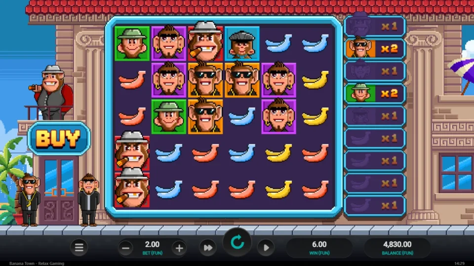 Banana Town: The sunglasses monkey and green-hat monkey counters show 2x beside FUN 6 credited