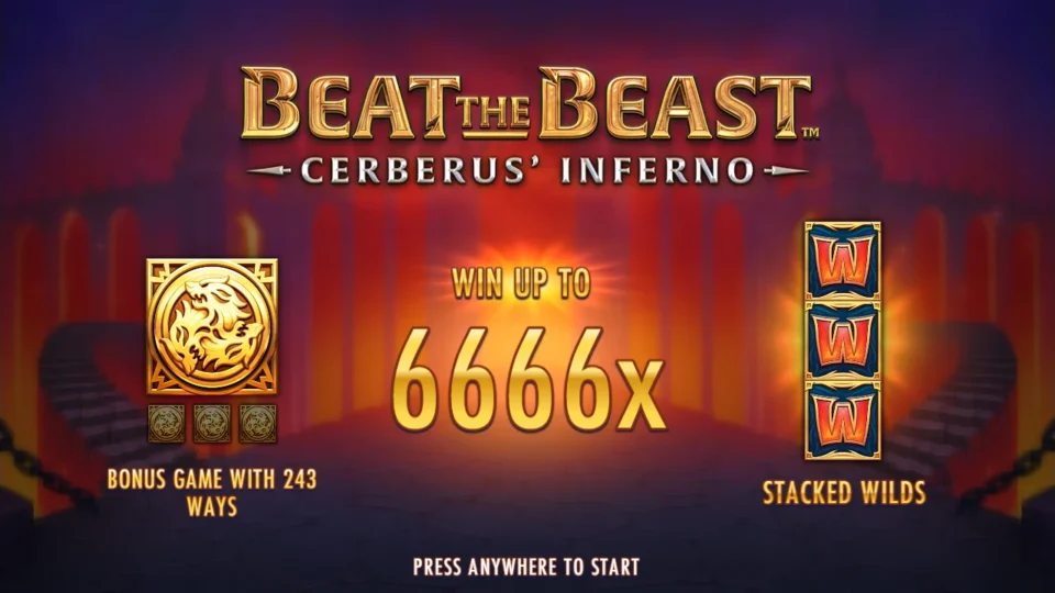 Beat the Beast: Cerberus’ Inferno: Title screen promising a 243-way bonus game, stacked Wilds and wins up to 6666x