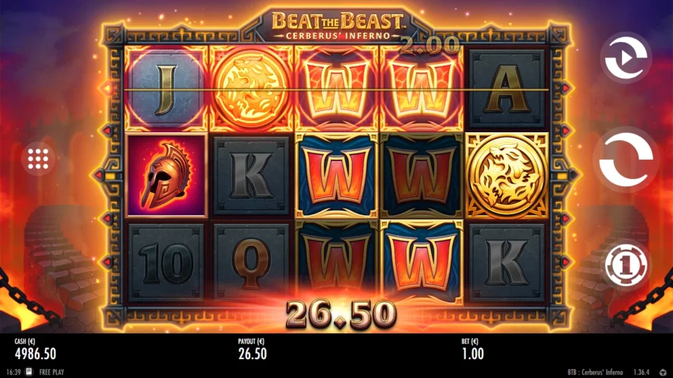 Beat the Beast: Cerberus’ Inferno: Stacked Wilds on the third and fourth reels line up a 26.50 base win