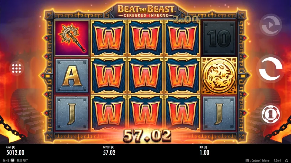 Beat the Beast: Cerberus’ Inferno: Three stacked Wild reels fill the middle of the grid as the counter passes 57.02