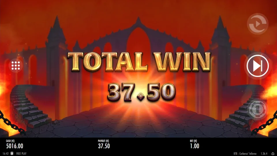 Beat the Beast: Cerberus’ Inferno: TOTAL WIN 37.50 is the result of ten free spins on 243 ways