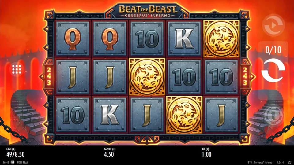 Beat the Beast: Cerberus’ Inferno: Three Cerberus Emblems on the fourth and fifth reels start ten free spins at 0/10