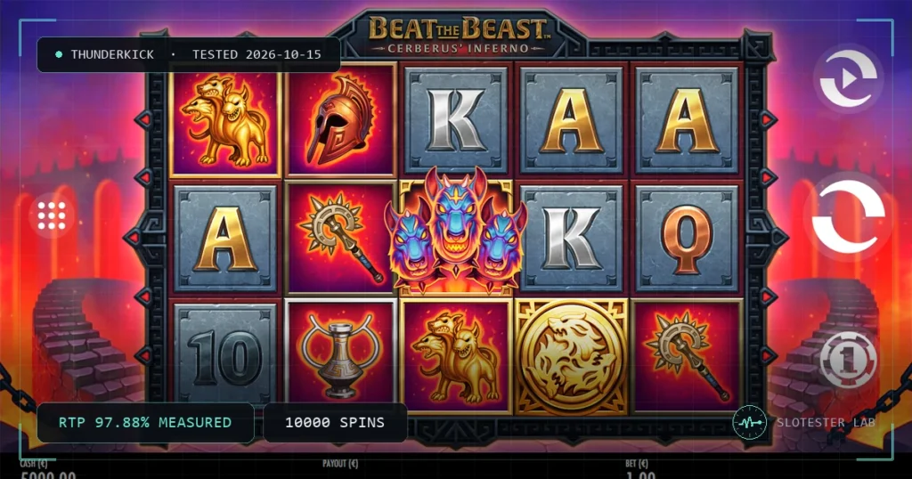 Beat the Beast: Cerberus’ Inferno — Slotester Lab test cover