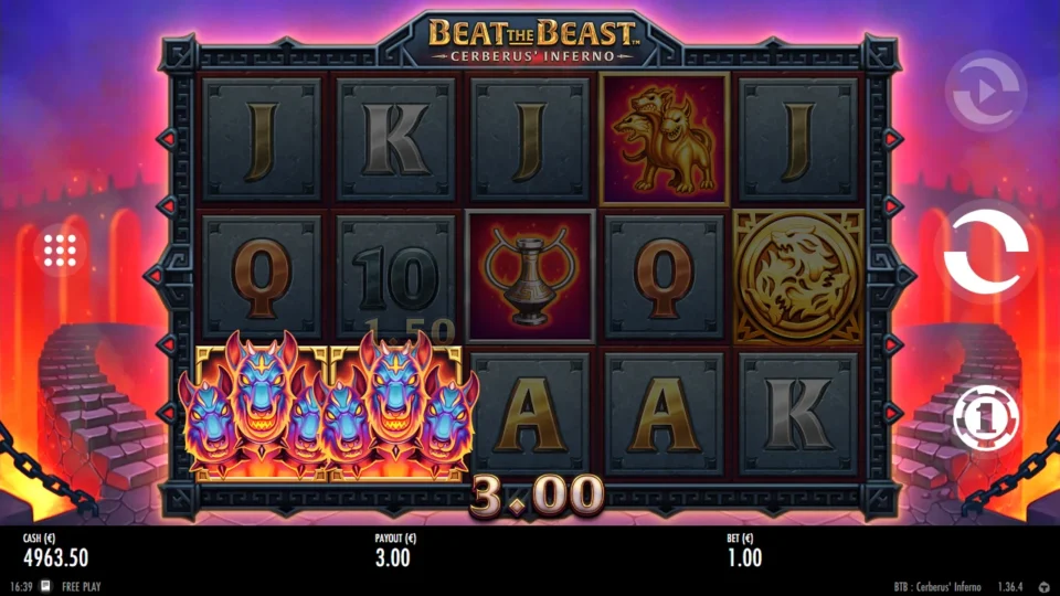 Beat the Beast: Cerberus’ Inferno: Three-headed Cerberus symbols along the bottom row pay 3.00