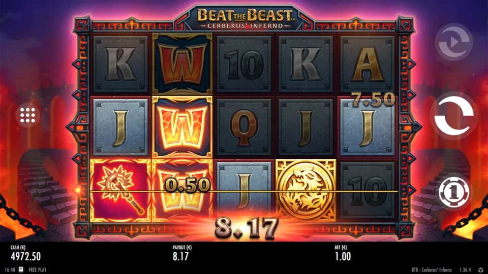 Beat the Beast: Cerberus’ Inferno: A stacked Wild on the second reel joins Jacks and a mace while the win counts at 8.17