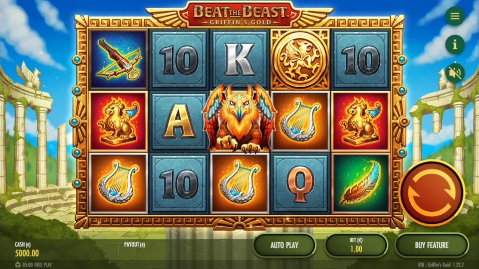 Beat the Beast: Griffin’s Gold – Reborn: Base reels at a EUR 1.00 bet with a griffin on the middle reel and a Griffin Emblem in the top row