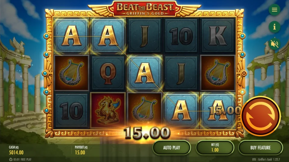 Beat the Beast: Griffin’s Gold – Reborn: Five aces along a zigzag line pay 15.00 in the base game