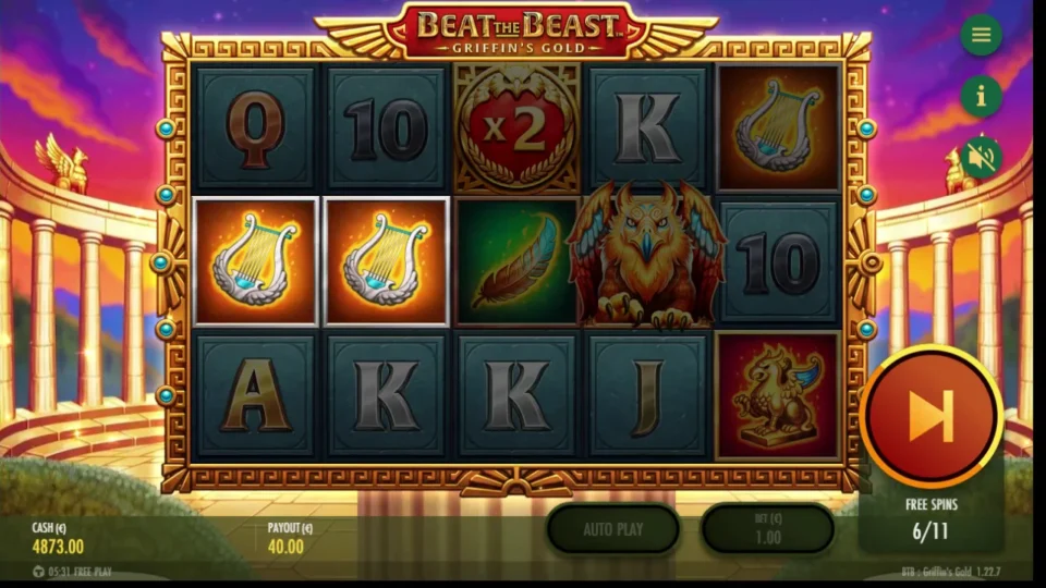 Beat the Beast: Griffin’s Gold – Reborn: A x2 Roaming Wild among lyres on free spin 6 of 11, 40.00 collected so far