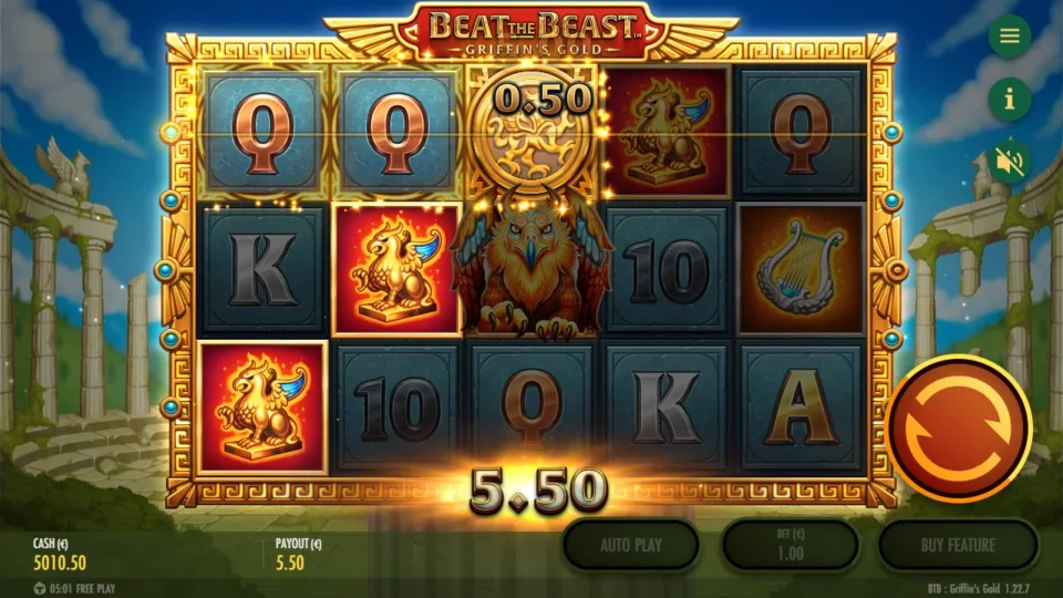 Beat the Beast: Griffin’s Gold – Reborn: A Griffin Emblem completes a queen line and a statue line for a 5.50 base payout