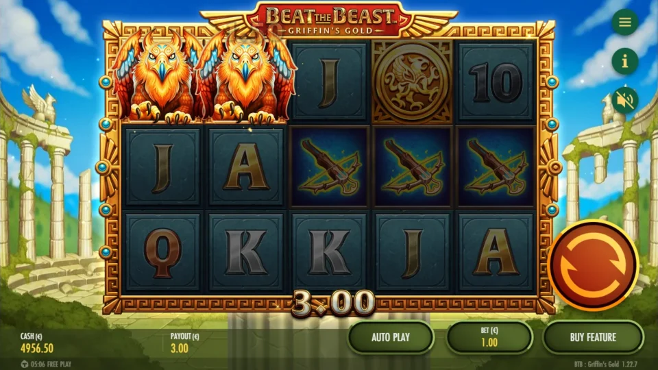 Beat the Beast: Griffin’s Gold – Reborn: Two griffins on the top row pay 3.00 in the base game