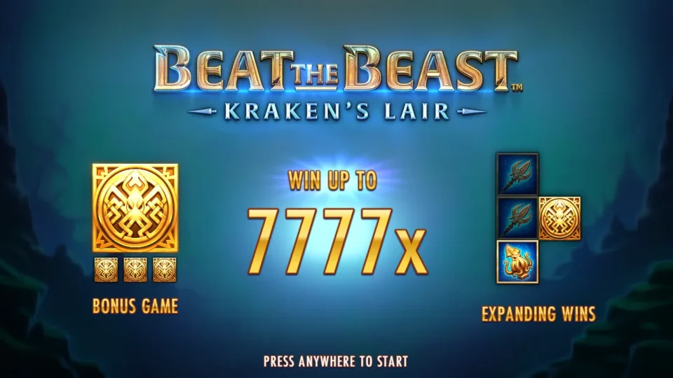 Beat the Beast: Kraken’s Lair: The welcome card names the three-Emblem bonus game, expanding wins and 7777x as the top prize