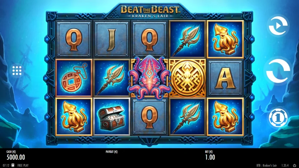 Beat the Beast: Kraken’s Lair: The Kraken on reel three and an Emblem on reel four share the opening screen at a EUR 1.00 bet