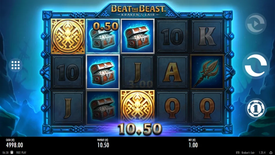 Beat the Beast: Kraken’s Lair: Chests outlined on reels two and three line up with two Emblems for a EUR 10.50 spin