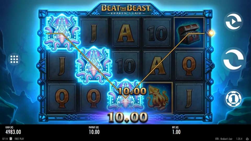 Beat the Beast: Kraken’s Lair: Three Krakens along a falling diagonal pay EUR 10.00 on a single line